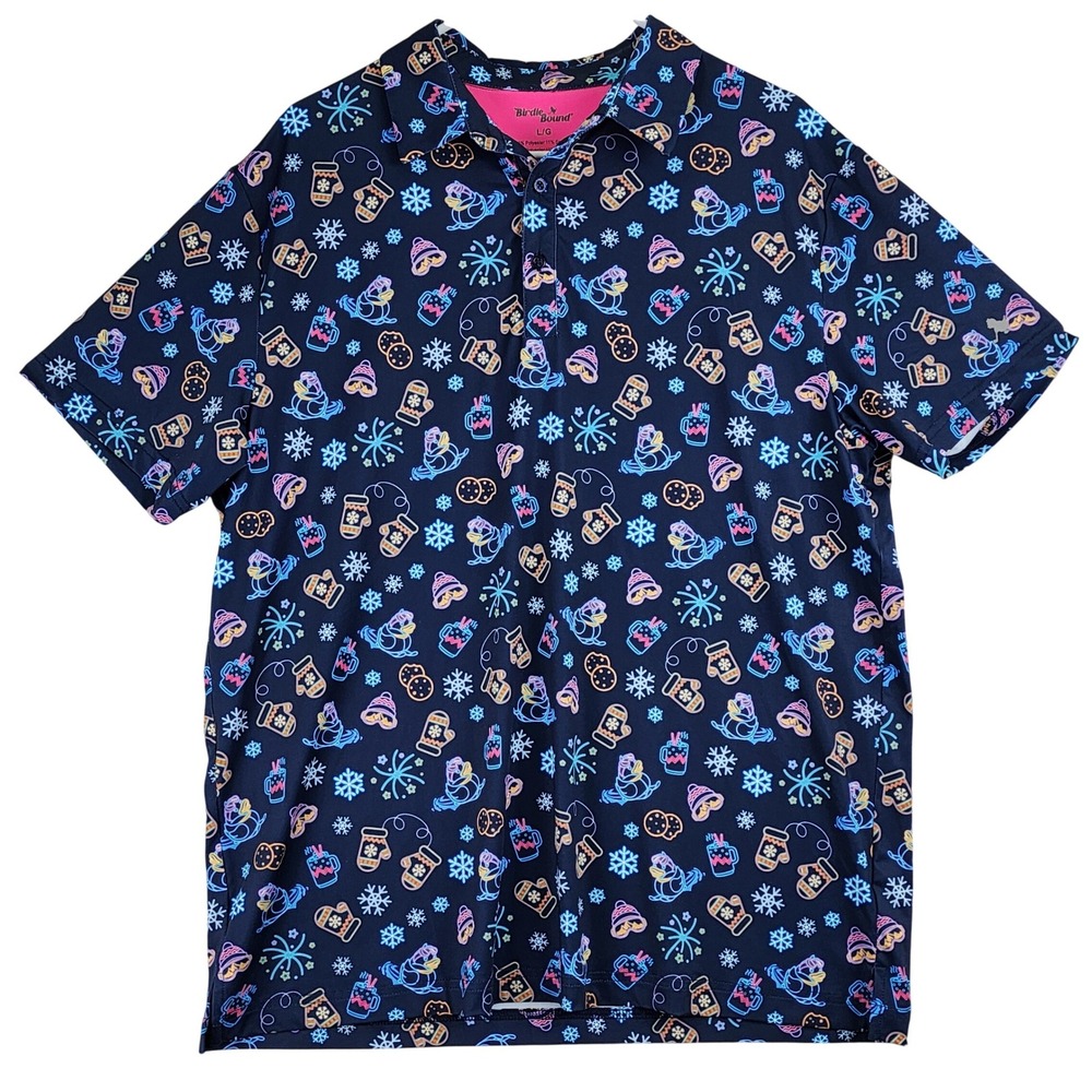 Birdie Bound Neon Winter Print Polo Shirt Mens Large Navy Golf Holiday‎ Festive
